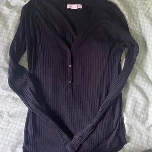 (Sold) Black Long Sleeve Quarter Button Down Ribbed Henley Top